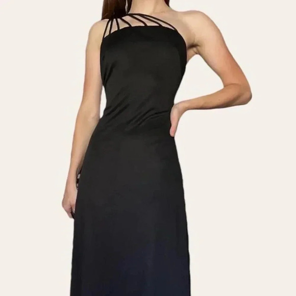 70s vintage black strappy one shoulder evening gown/prom dress (Small) - Picture 5 of 7